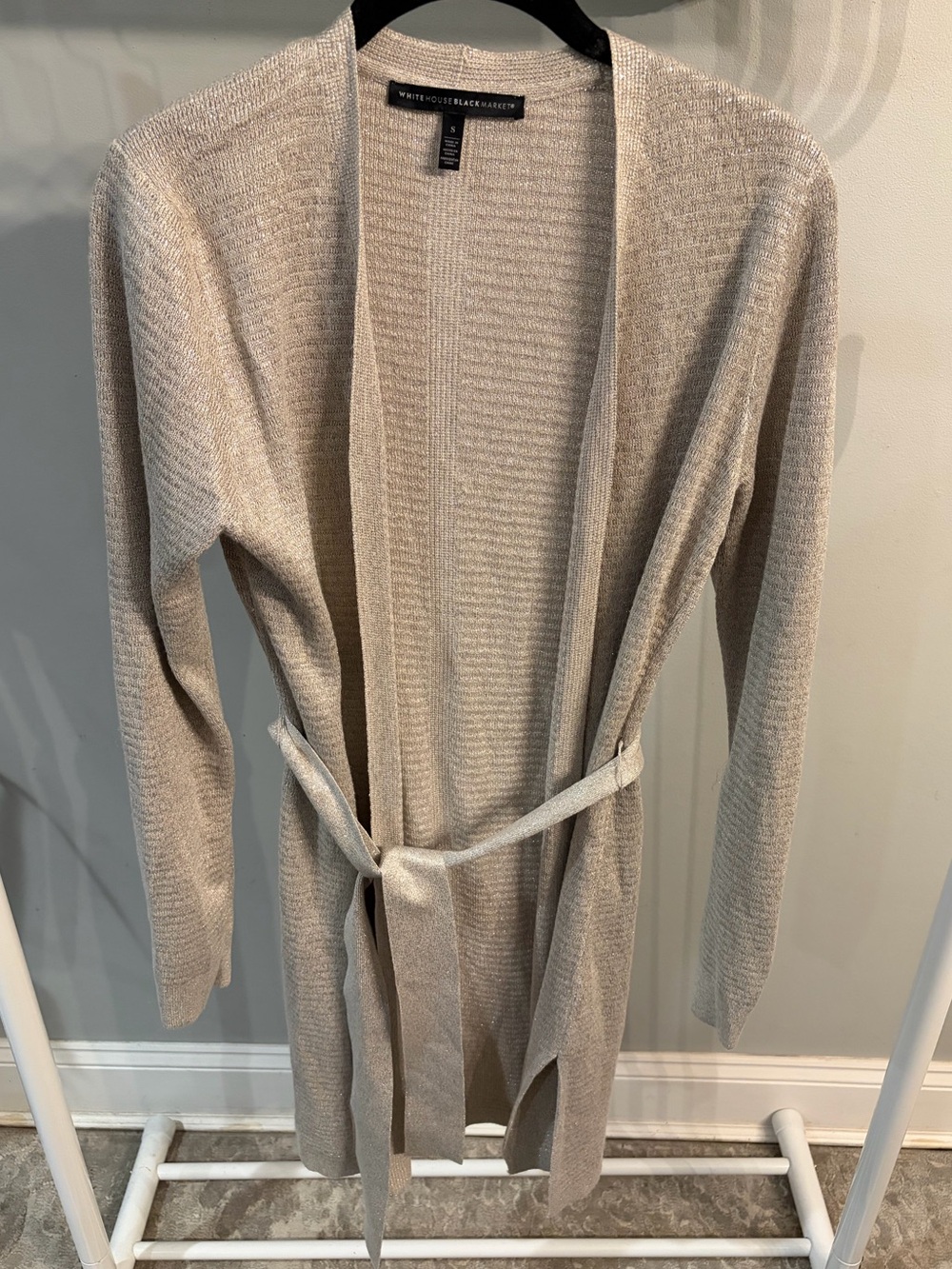 White House Black Market champagne metallic Open-Front Belted Cardigan - Small